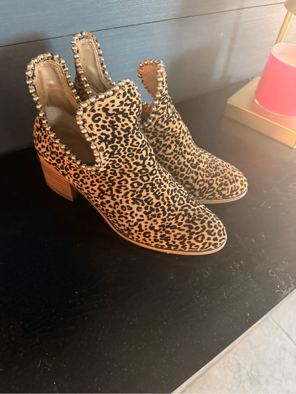 Leopard Print Block Heel Ankle Booties with Stud Trim